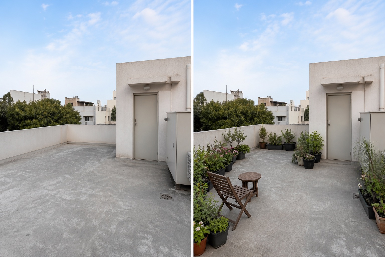 Before-and-after AI concept for rooftop garden design ideas showing the same space and camera position with fixed conditions retained