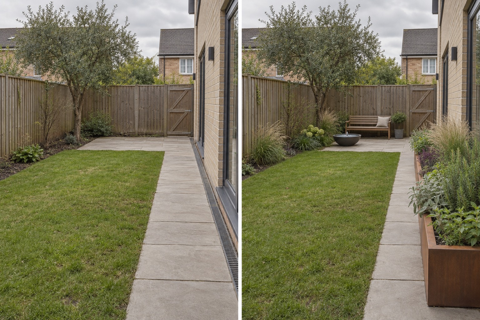 Before-and-after AI concept of the same backyard retaining its path, lawn, tree, gate and drain while adding a restrained sensory sequence