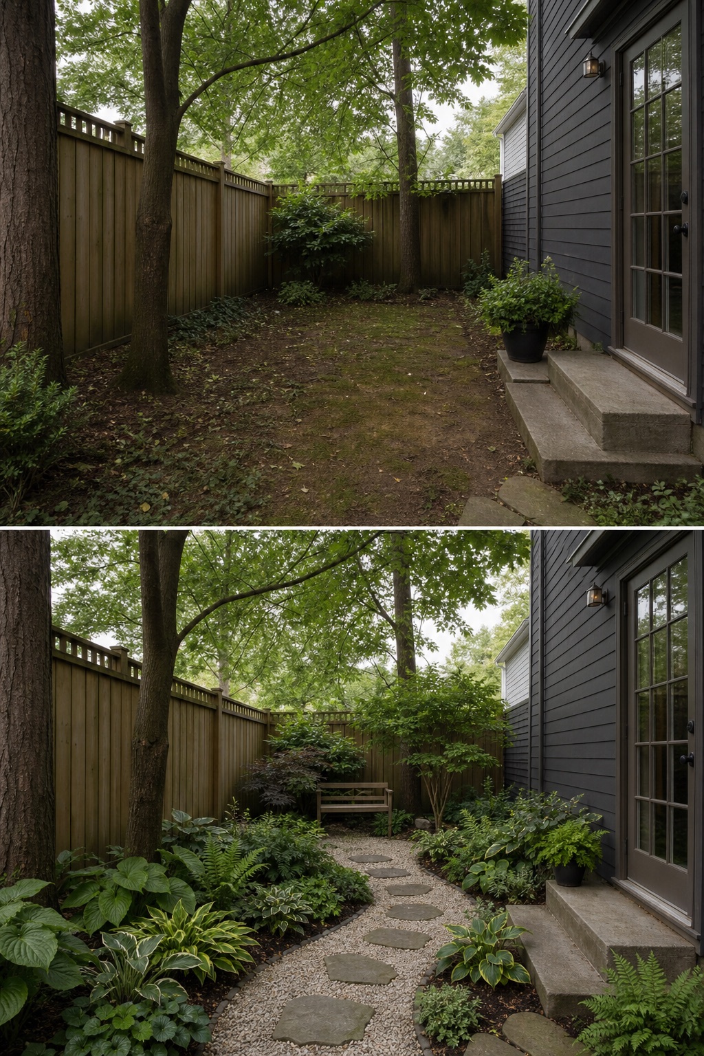 Before-and-after AI concept for a small shaded backyard with a path, layered foliage, and seating