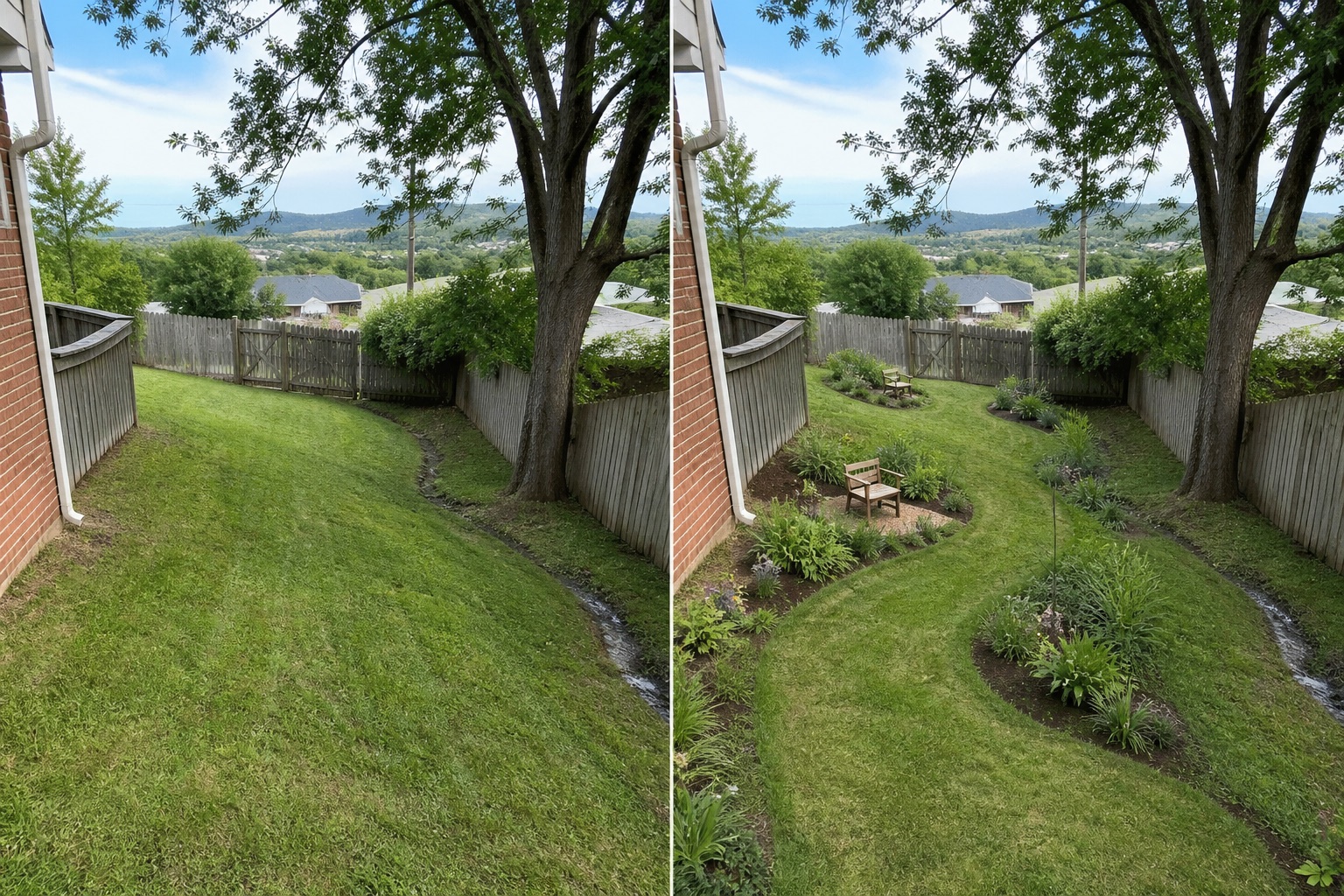 Before-and-after AI concept for sloped backyard ideas showing the same space and camera position with fixed conditions retained