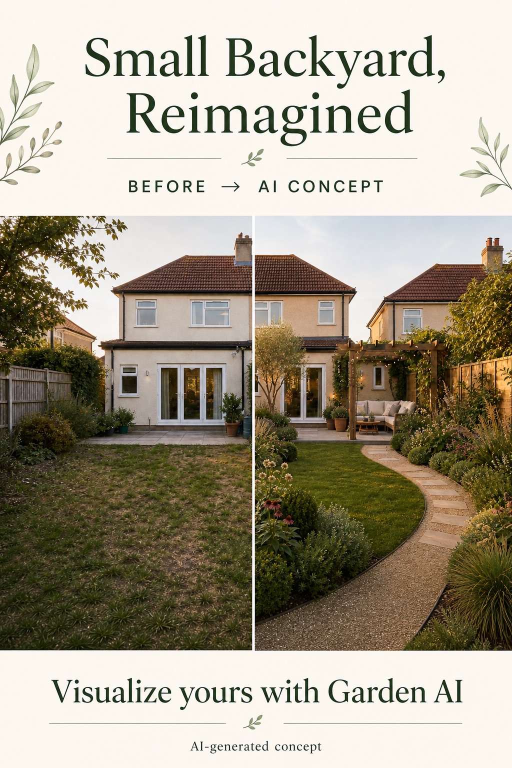 Before and AI-generated after concept for a small backyard