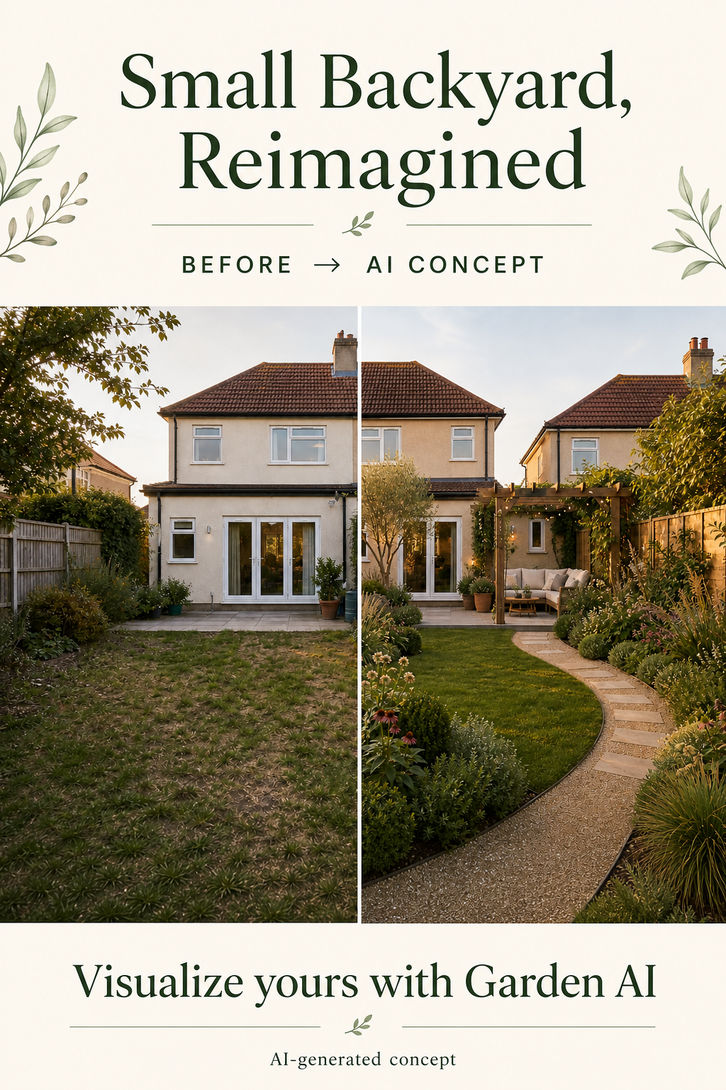 Before and AI-generated after concept for a small backyard