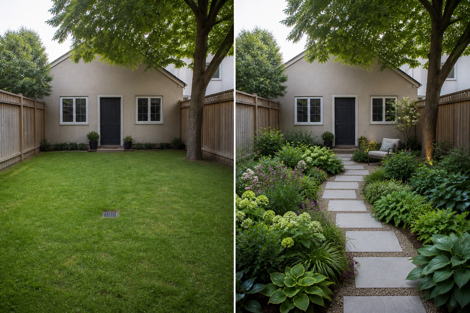 Before-and-after AI concept for square garden layout ideas showing the same space and camera position with fixed conditions retained