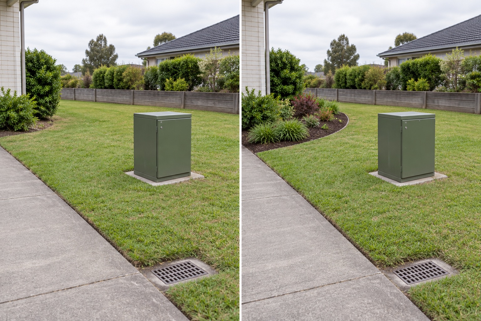 Before-and-after AI concept of the same front-yard utility cabinet retaining a broad open service approach while adding a separate planted edge