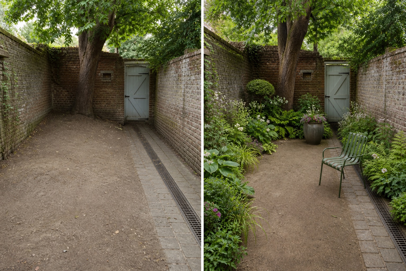 Before-and-after AI concept for walled garden ideas showing the same space and camera position with fixed conditions retained