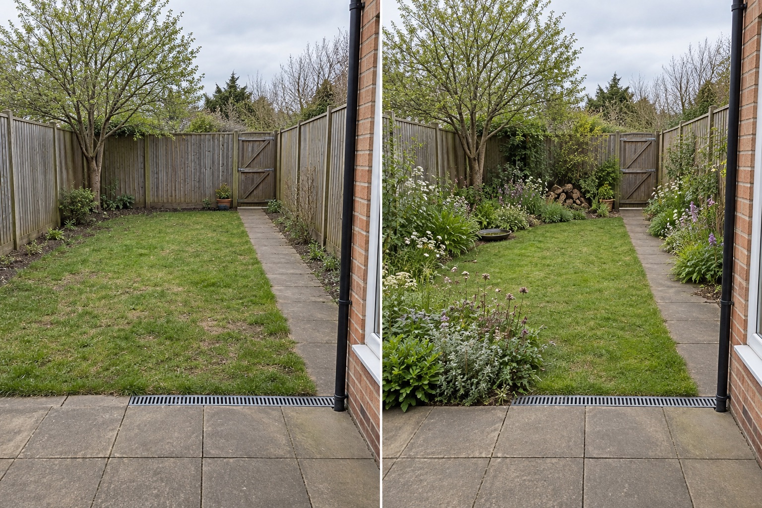 Before-and-after AI concept of the same backyard retaining its path, gate, tree and drainage while testing connected wildlife garden zones