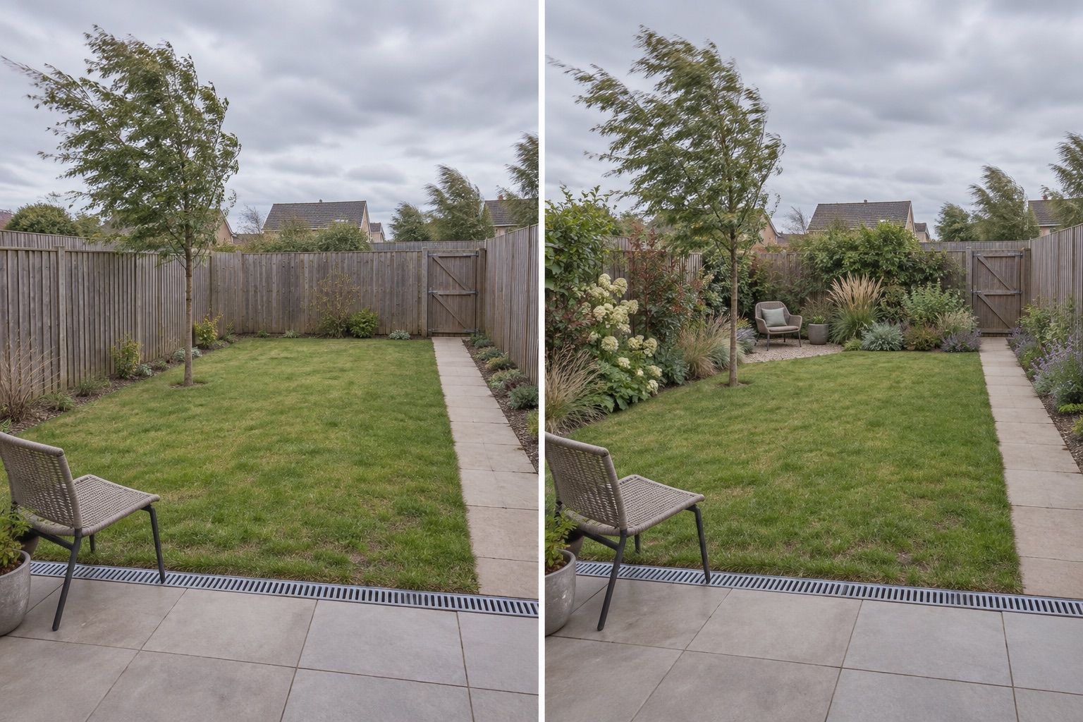 Before-and-after AI concept of the same exposed backyard retaining its path, gate, tree and drain while testing layered planted shelter