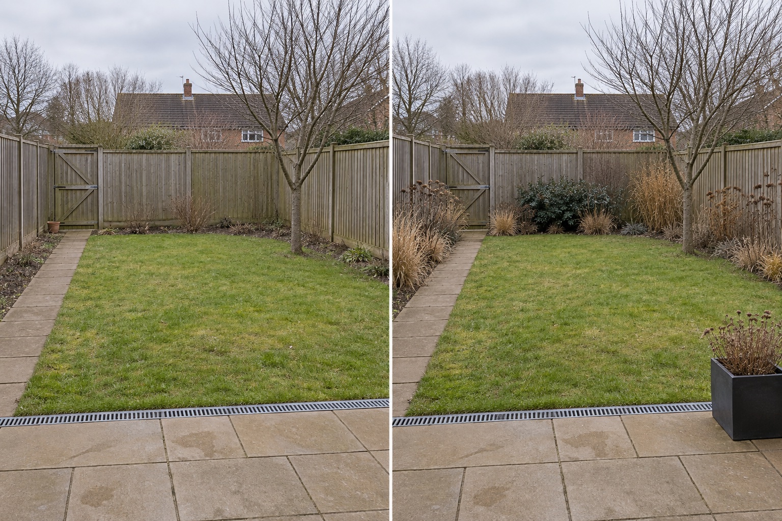 Before-and-after AI concept of the same late-winter backyard retaining its path, lawn, tree, gate and drain while adding restrained structural planting forms