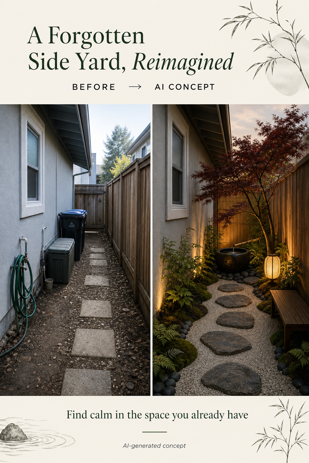 Before and AI-generated Zen-inspired garden concept for a narrow side yard